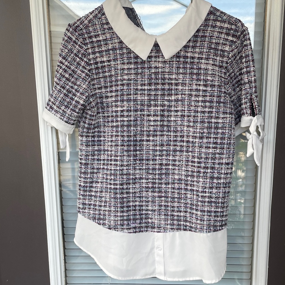 Collared Tweed-Look Blouse with Shirt Hem-S